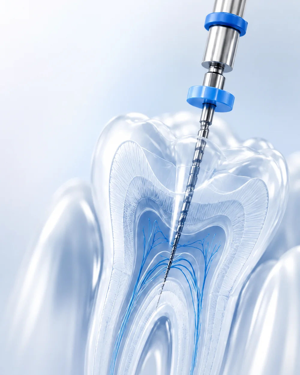 Vue en coupe d'un traitement de canal (endodontie) sur une molaire